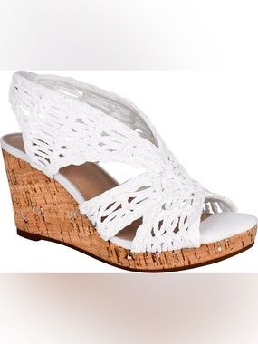 IMPO || Terinee Woven Raffia Strappy Crochet Wedge Sandal in Ivory - SZ 7M